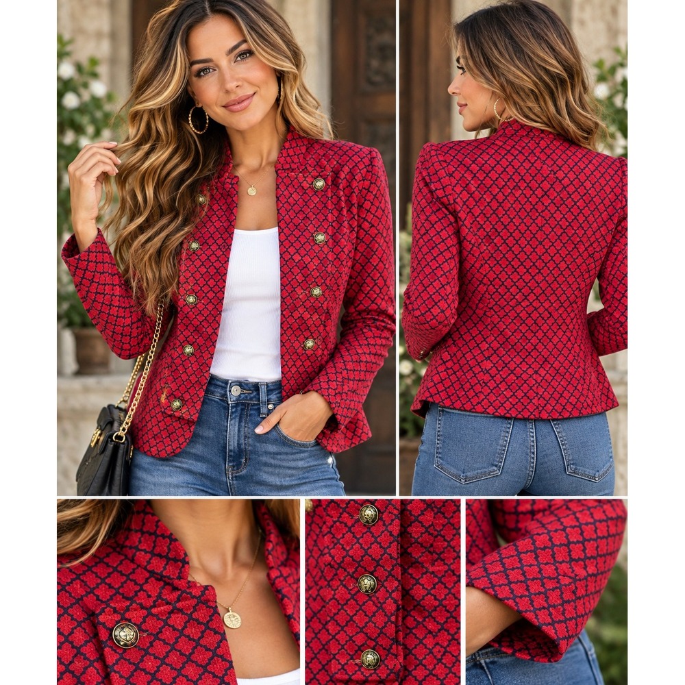 Tommy Hilfiger Red Navy Quatrefoil Military Knit Jacket Petite Small PS Blazer